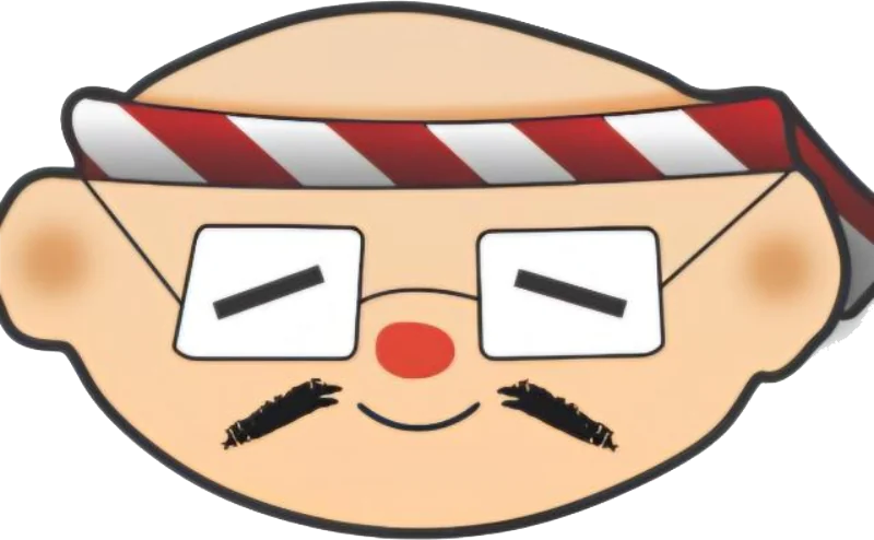 Mascote do Odissan: um senhor japonês sorridente, de óculos, bigode e faixa hachimaki na cabeça
